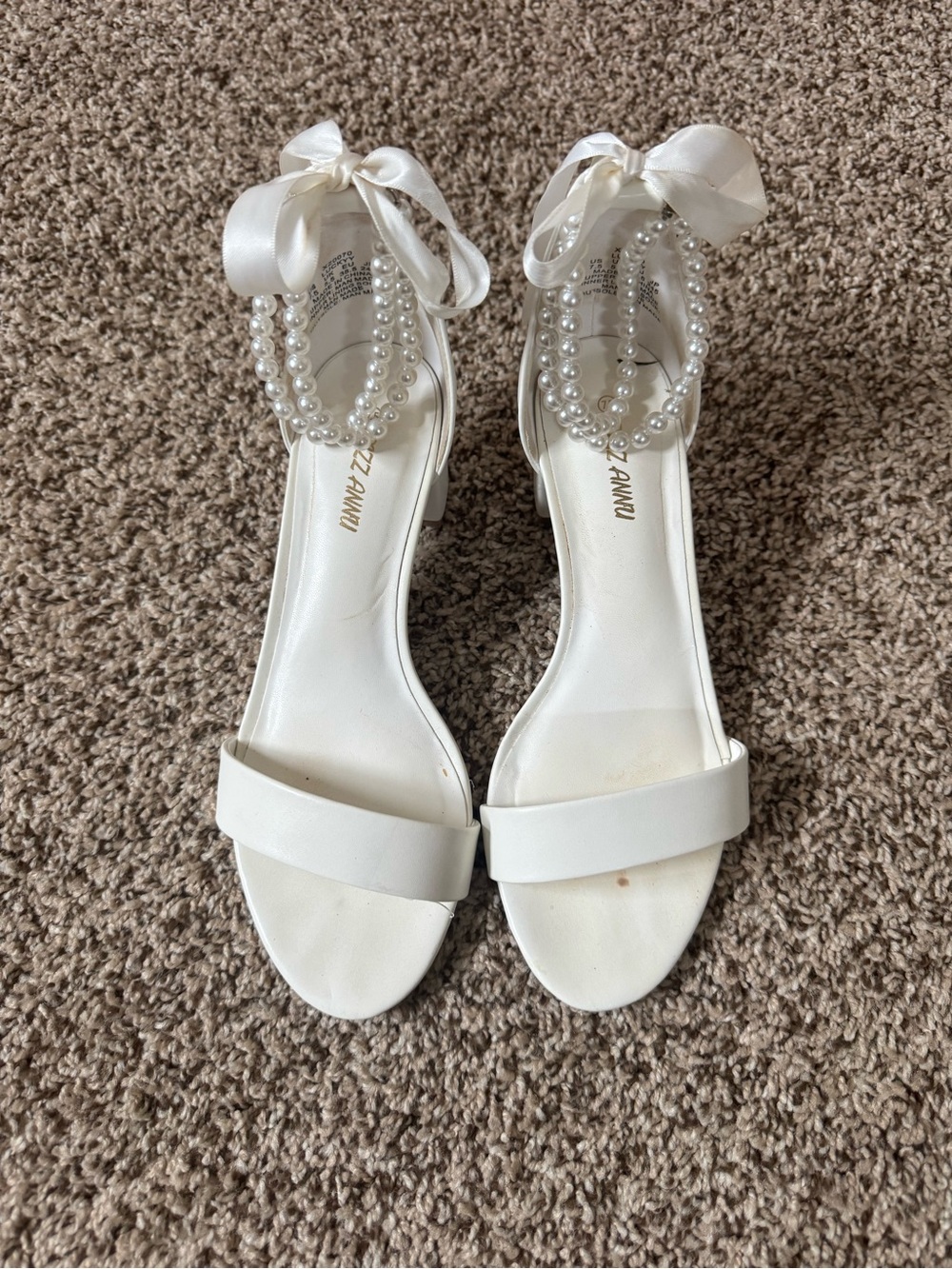 White Pearl-Embellished Satin Ribbon Sandals
